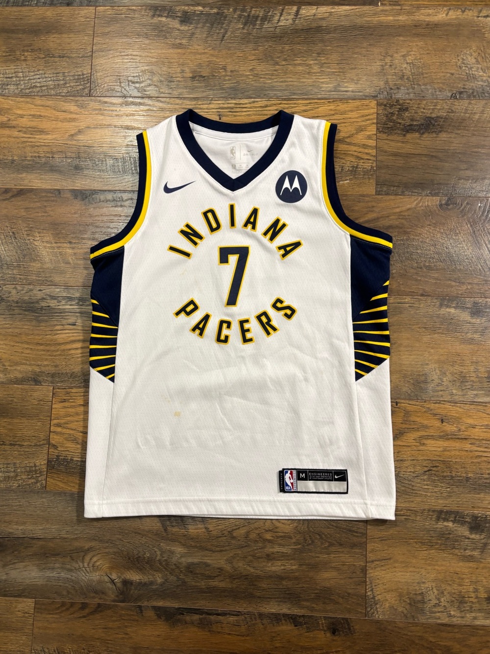 Nike White Indiana Pacers #7 Team Basketball Jersey with Navy and Yellow Trim
